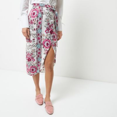 Pink floral print wrap midi skirt